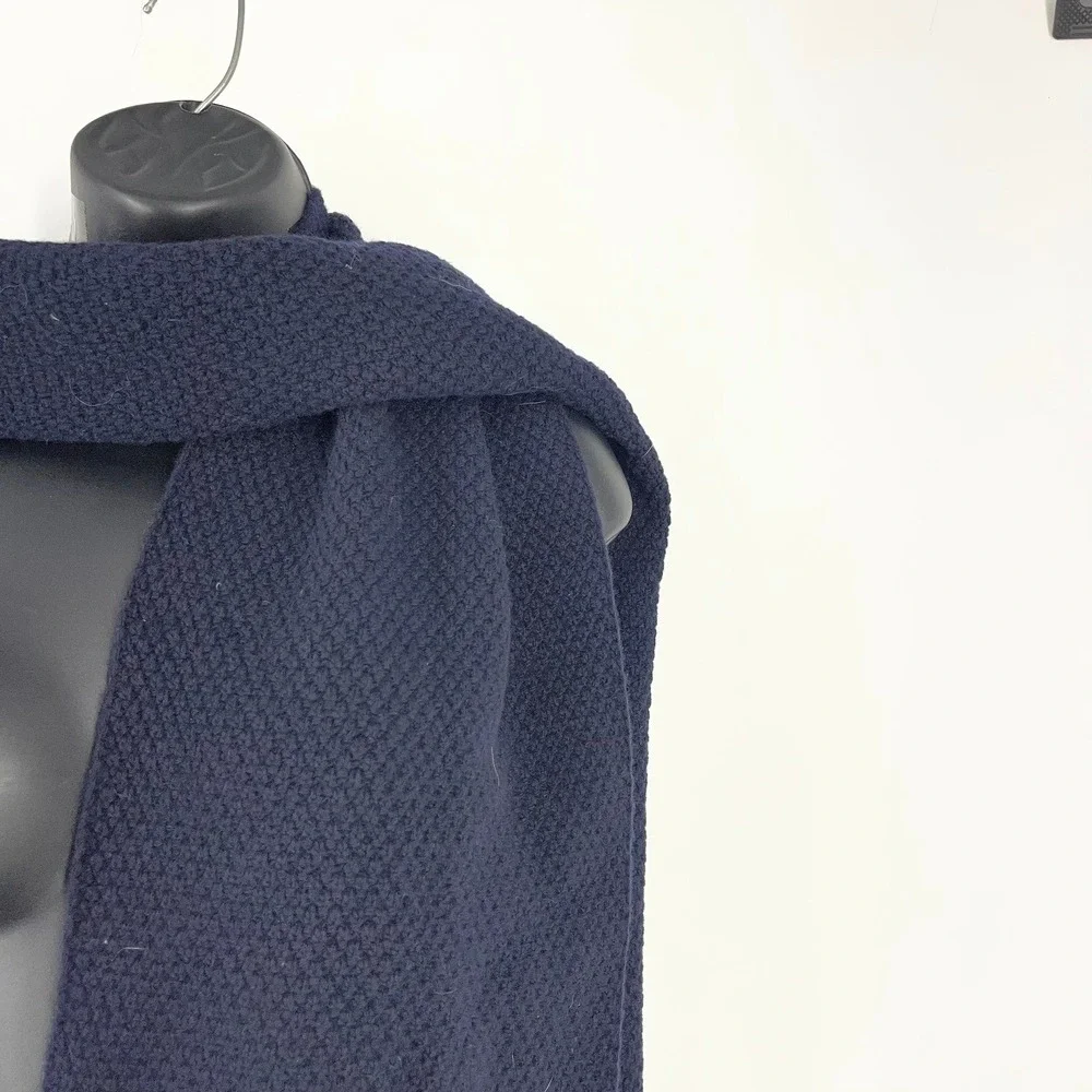 Oliver Spencer Mens Navy Blue Textured Knit Winter Scarf Ribbed Trim Designer